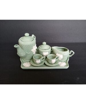 JTS International Jasperware Tea Set Sage Green Miniature 10 Piece Vintage